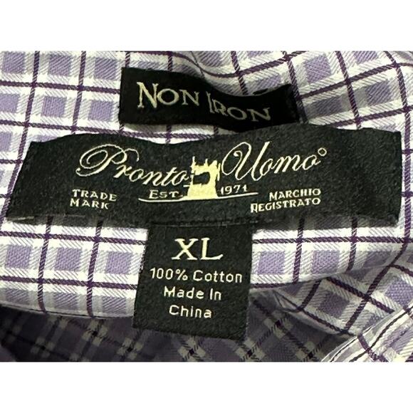 Pronto Uomo Men Shirt XL Purple White Button Up Long Sleeve No Iron Cotton FLAW - Picture 5 of 6